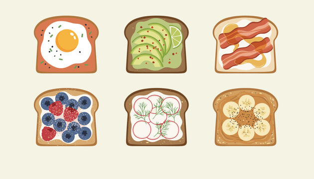 Selection of six delicious breakfast toast recipes with healthy toppings including avocado egg fruit and bacon.