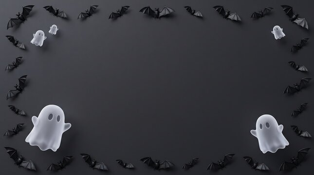 Top view of a halloween background with a frame made of small black bats and cute white ghosts