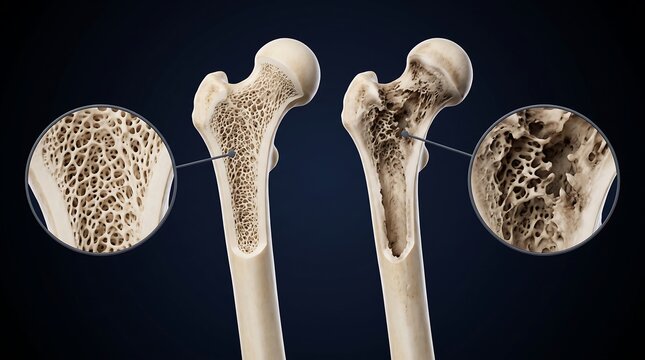 Comparison of healthy human femur bone structure with a femur affected by osteoporosis, showing detailed cancellous bone density differences.