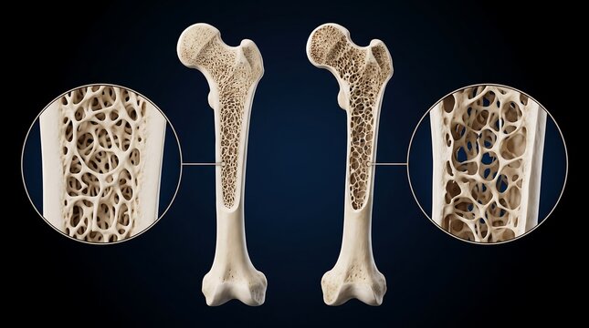 Comparison of healthy bone structure versus osteoporotic bone, showing the internal density differences in human femurs.