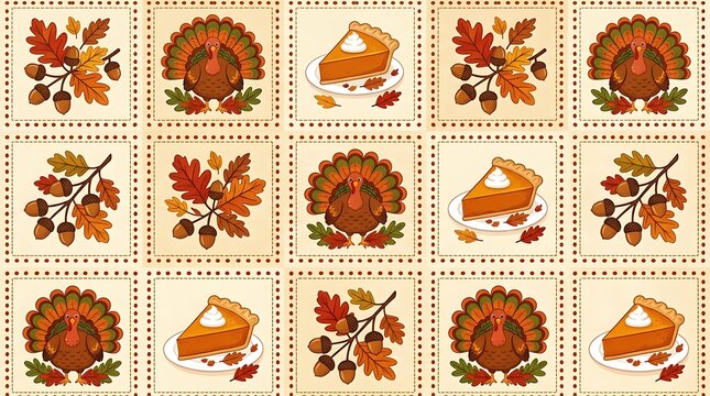 Thanksgiving pattern with turkeys, pumpkin pie, and acorns