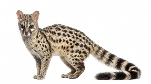 A spotted common genet standing sideways with ringed tail isolated on pure white background.