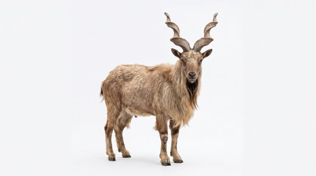 Markhor-wild-goat-with-spiral-horns-standing-isolated-on-white-background-wildlife-fauna