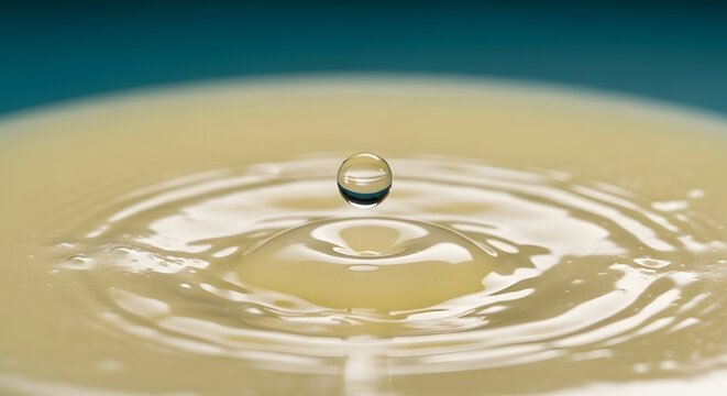 A single droplet of light-colored liquid captured mid-air just above a rippling surface, creating a mesmerizing splash effect.