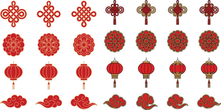 Collection of red chinese decorative elements and lanterns for celebrating new year s day 1 festive events