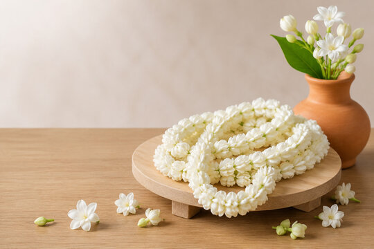 Sampaguita garland on light wooden display stand with terracotta vase, practical retail display concept