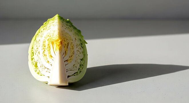 Japanese minimalist. a quarter-cut hakusai cabbage revealing the layered white and pale green leaves 