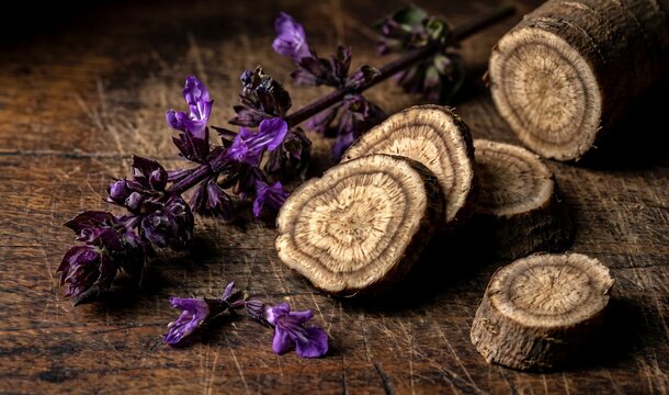 Wabi-sabi. freshly cut purple shiso flowers and irregularly sliced gobo burdock root revealing intricate wood-like rings, on a rustic, dark wooden table 