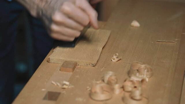 Close-up of woodworker planing small wooden board with hand plane on workbench, creating thin curled shavings under warm diffuse light, smoothing board surface carefully