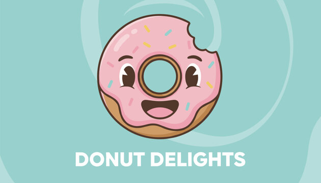 Cartoon pink glazed donut with sprinkles and a happy face over a blue background with donut delights text banner.