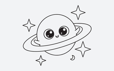 Cute Saturn planet line art with kawaii face and stars, a simple vector illustration for children coloring book © MONIRUJJAMAN