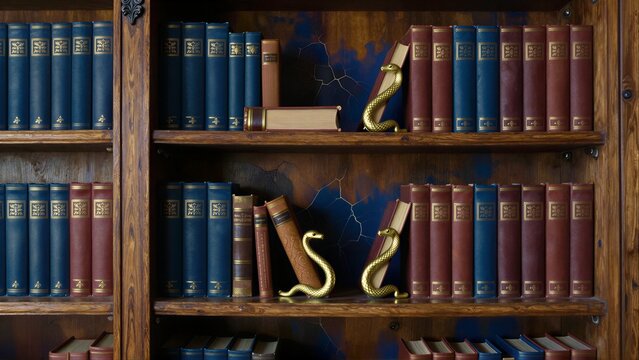 Wooden bookshelf filled with blue and red books, gold snake ornaments.