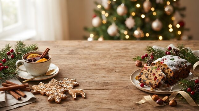 Festive christmas table setting with a cup of hot cocoa and gingerbread cookies on a rustic wooden background with a blurred decorated tree in back