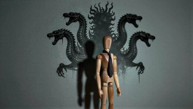Wooden mannequin stands before shadowy, menacing multi-headed dragon projection.