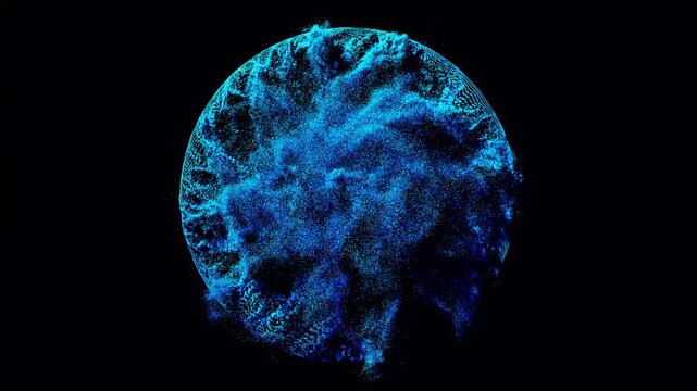 Circular Particle Vortex Graphic.A circular outline on black background, filled with wavy lines and particle noise, fragmented textures radiate from center.