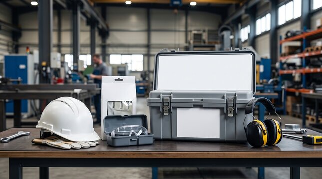 Industrial safety equipment and tool box on a workbench in a manufacturing factory workshop.