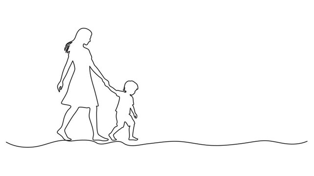 Animation of one line drawing of young happy mother and father lead their son walking together, holding his hands,Animation of one line drawing of young father carrying his sleepy tired daughter go to