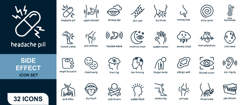 Side Effect Icon Set with Various Medical Symptoms and Conditions Illustrated