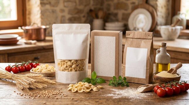 Artisan pasta packaging mockup with raw ingredients on a rustic wooden kitchen table