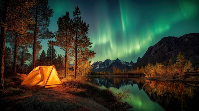  night photograph, cozy illuminated premium camping tent beside a crystal-clear Arctic lake, spectacular emerald and turquoise Northern Lights filling the sky