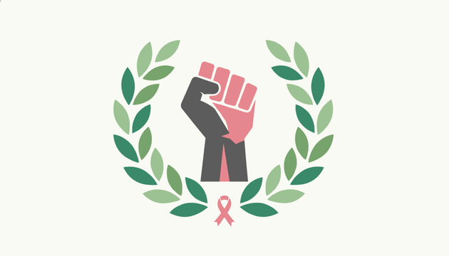 Empowering breast cancer awareness design features a raised fist, a pink ribbon, and a green laurel wreath on cream.