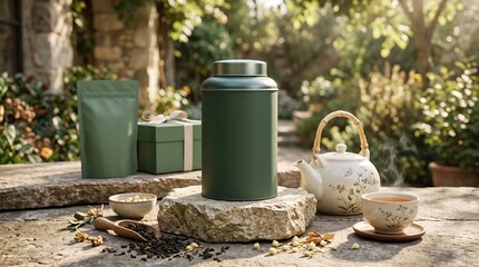 Obraz premium Green tea tin on stone pedestal with teapot and tea leaves in a sunlit garden setting