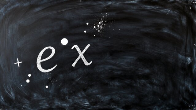 Chalkboard displays mathematical expression ex with scattered dots and a plus sign.