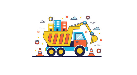 Naklejka premium Cartoon Construction Truck Carrying Buildings Illustration.