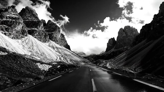 Black and white scenic view of wet road winding through majestic mountain peaks and cloudy sky after a rainstorm