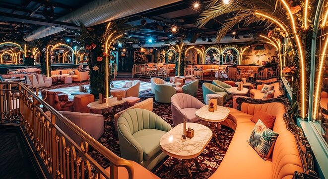 Elegant lounge interior with plush seating and warm neon lighting in a stylish venue with marble tables decorative