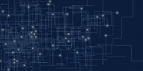 Fototapeta premium Navy blue circuit board background. Glowing technology traces and light nodes on deep blue grid. Vector illustration