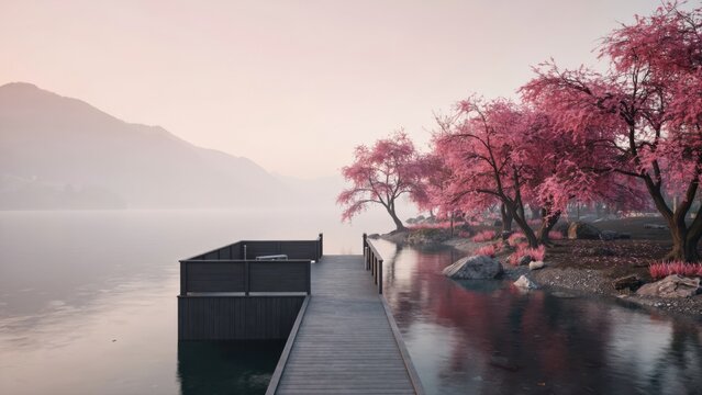A wooden pier extending into a serene lake surrounded by blooming pink cherry blossom trees at dawn. Ideal for travel and peaceful nature concepts.