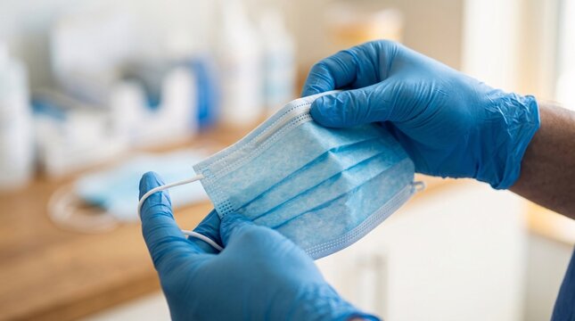 Close-up shot of a healthcare provider wearing blue gloves holding open a blue disposable surgical face mask by its ear loops before wearing it.