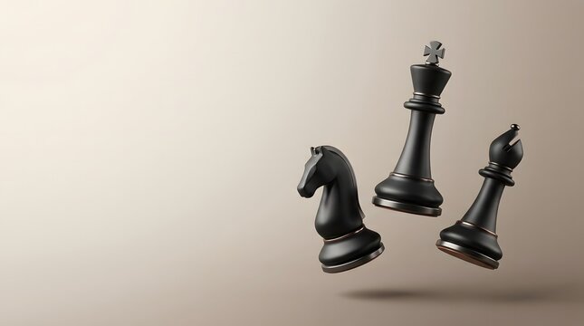 Three black chess pieces floating in the air against a neutral background.