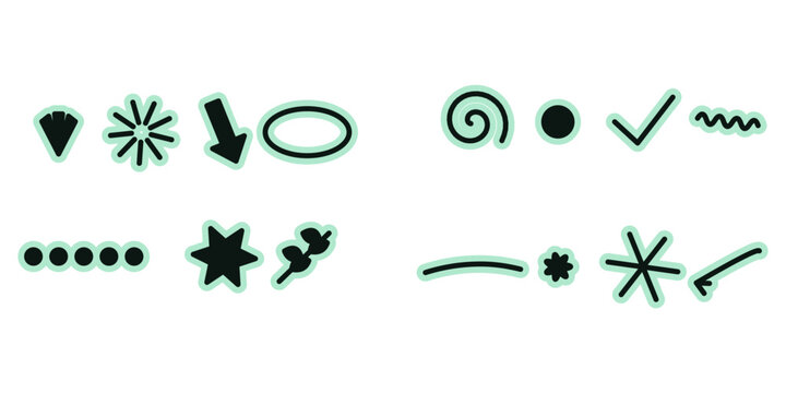 Neon glow doodle element set. Outlined stars, hearts, crowns and arrows with soft light edge. Vector illustration