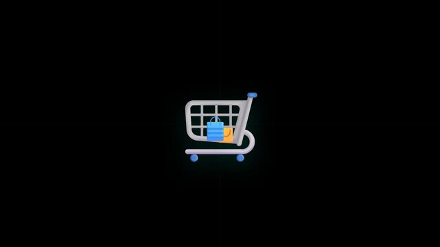 Shopping cart icon animation on black background showing retail commerce concepts and online purchase
