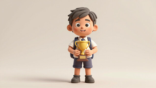 Indian Schoolboy Holding Trophy and Celebrating Achievement, Full Body 3D Character