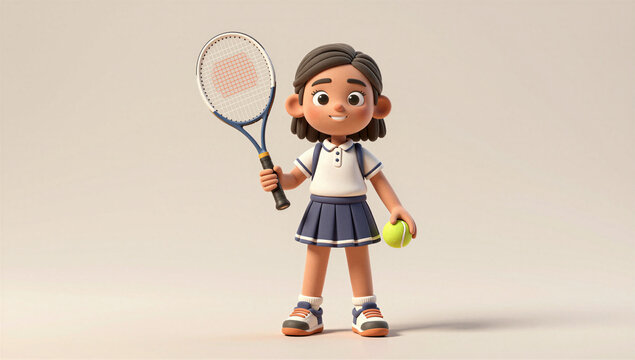 Indian Schoolgirl Tennis Player Holding Racket and Ball, Full Body 3D Character on White Background