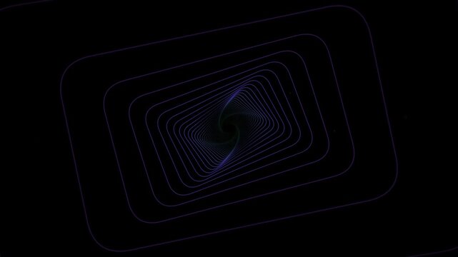 Abstract tunnel of glowing rectangular frames with rounded corners receding into a dark infinite void