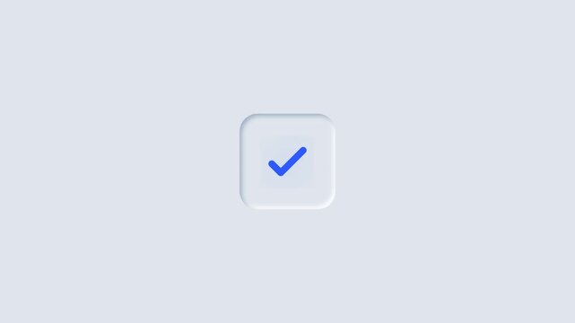 Checkmark icon animation with soft neumorphic design style featuring smooth motion revealing a blue confirmation symbol inside a rounded square interface element for digital applications