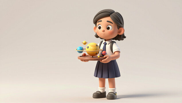 Cute Schoolgirl Holding a Colorful Solar System Model for Science Education