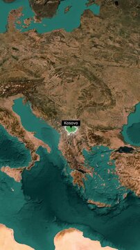 Kosovo Region Highlighted on World Map, Vertical 3D Satellite Zoom In Animation