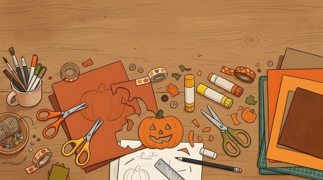 Autumn craft supplies and pumpkin paper art project on a wooden table background.
