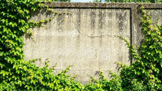 Motion graphics footage featuring lush green ivy climbing on a cracked stone wall background.