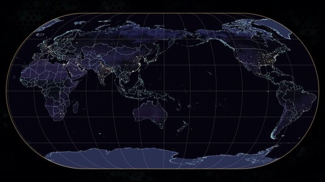 Eckert 3 world map animation. Rotating Earth with night lights and glowing country borders. Dark hexagonal background. Seamless loop. 4K resolution. Night view.