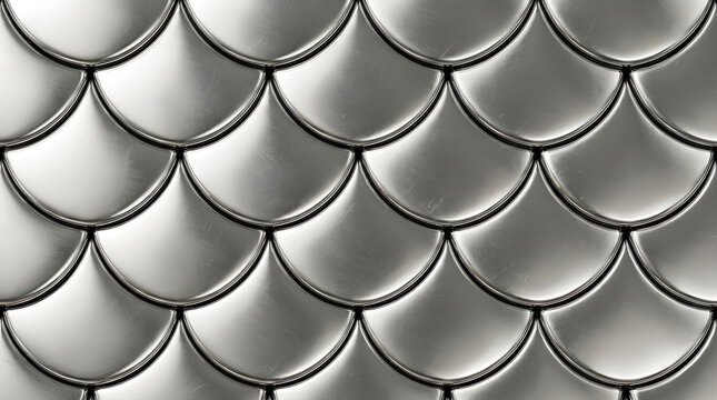 Abstract background featuring a repeating pattern of metallic silver fish scales with soft lighting and smooth texture