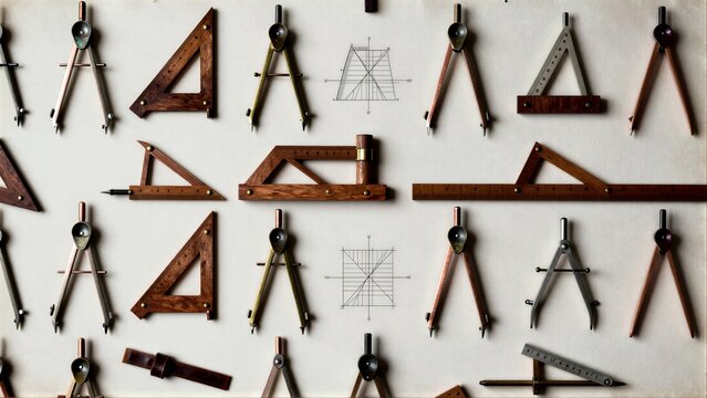 Arranged compasses and rulers on a clean, minimalist surface.