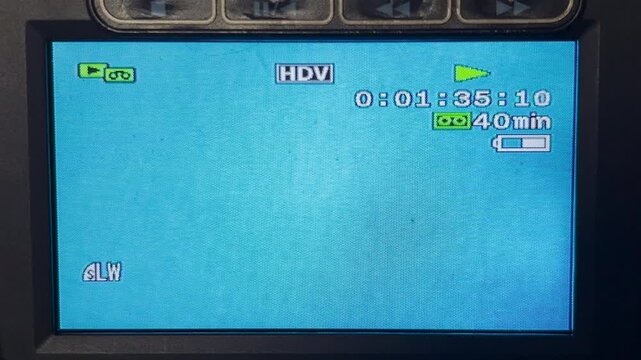HDV Camcorder LCD Screen Showing Tape Playback Timecode, Retro Video