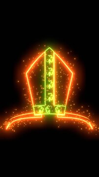 Catholic hat. Bishop mitre with shamrock glowing with energy and particles. Festive decoration. Neon glowing.