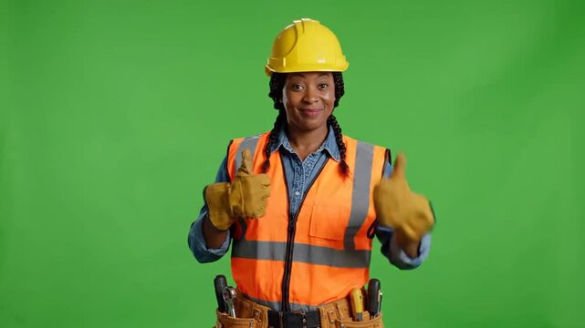 Medium shot of construction worker in fluorescent-lit studio
